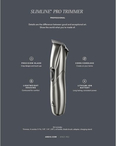 Andis Slimline Pro D8 Li T-Blade Trimmer Chrome - Cordless, Újratölthető, Lítium-ion Akkumulátorral