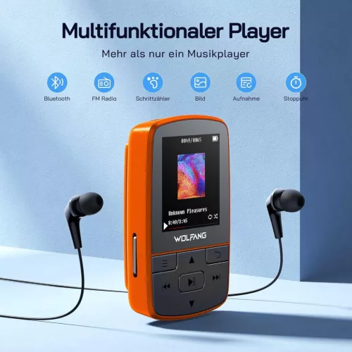 WOLFANG WMP01 MP3 Lejátszó, 64 GB, Bluetooth 5.3, Sportcsipesz, HiFi Veszteségmentes Hang, FM Rádió, Képnézegető, Hangrögzítő, Lépésszámláló, Időzítő, Micro SD, Aux, USB, Narancs