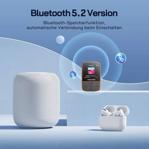 WOLFANG WMP01 MP3 Lejátszó, 64 GB, Bluetooth 5.3, Sportcsipesz, HiFi Veszteségmentes Hang, FM Rádió, Képnézegető, Hangrögzítő, Lépésszámláló, Időzítő, Micro SD, Aux, USB, Narancs