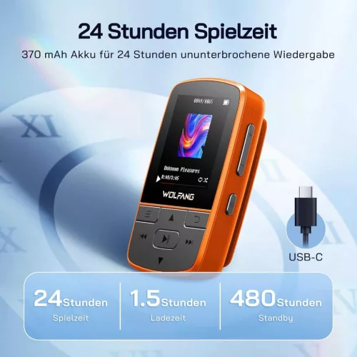 WOLFANG WMP01 MP3 Lejátszó, 64 GB, Bluetooth 5.3, Sportcsipesz, HiFi Veszteségmentes Hang, FM Rádió, Képnézegető, Hangrögzítő, Lépésszámláló, Időzítő, Micro SD, Aux, USB, Narancs