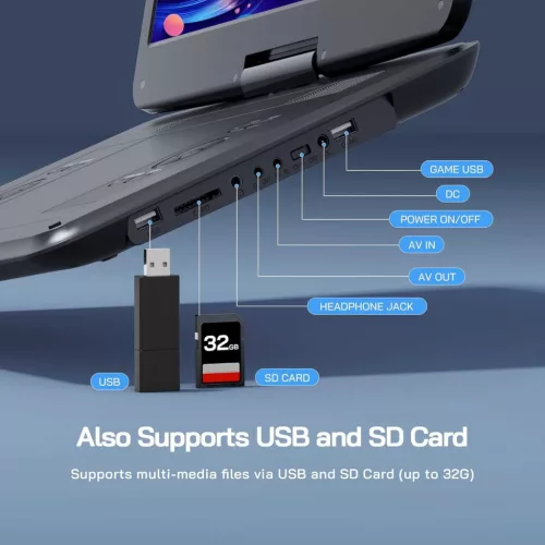 WOLFANG WDV02 Hordozható DVD Lejátszó, 15.6 HD Kijelző, CD DVD VCD SVCD Lejátszás, USB, SD, 3.5mm Fejhallgató Csatlakozó, Néma Lemezolvasás