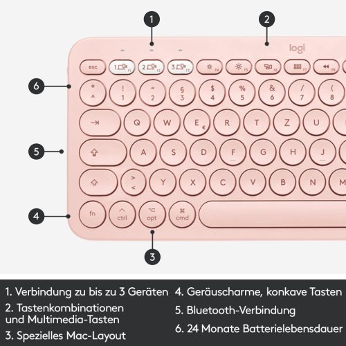 Logitech K380 Multi-Device Bluetooth Billentyűzet Mac-hez, QWERTZ, 3 Eszköz Easy-Switch, Multimédia Gombok, 2×AAA, 24 Hónap Üzemidő, Rózsaszín