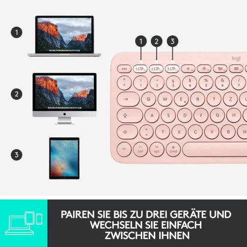 Logitech K380 Multi-Device Bluetooth Billentyűzet Mac-hez, QWERTZ, 3 Eszköz Easy-Switch, Multimédia Gombok, 2×AAA, 24 Hónap Üzemidő, Rózsaszín