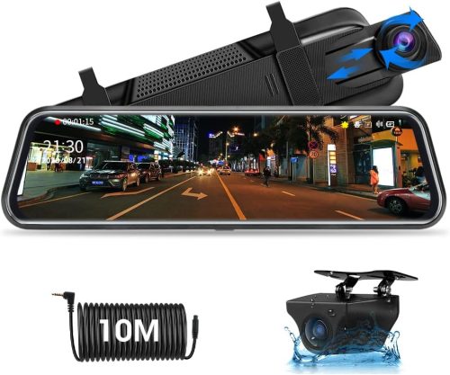 Jansite T30 10 colos Érintőképernyős Autós Visszapillantó Kamera - 1080P Elöl és Hátul, Éjjellátó, 10 m Kábel