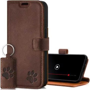   Surazo Leather Wallet Tok Apple iPhone 14 Pro, Crazy Horse Valódi Bőr, Szilikon Belső, RFID Védelem, Mágneses Zár, Állvány, Barna Mancsminta