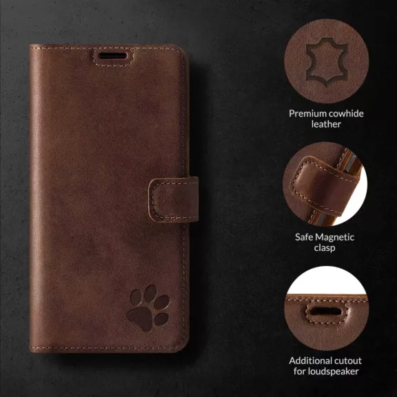 Surazo Leather Wallet Tok Apple iPhone 14 Pro, Crazy Horse Valódi Bőr, Szilikon Belső, RFID Védelem, Mágneses Zár, Állvány, Barna Mancsminta Surazo Leather Wallet Tok Apple iPhone 14 Pro, Crazy Horse Valódi Bőr, Szilikon Belső, RFID Védelem, Mágneses Zár, Állvány, Barna Mancsminta