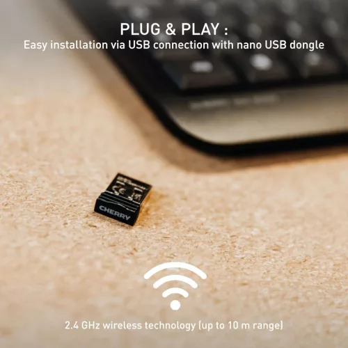 CHERRY KW 3000 Vezeték Nélküli Billentyűzet, Teljes Méret, Numerikus Pad, 2,4 GHz RF, USB-A Nano Vevő, Csendes Billentyűk, UK QWERTY, Fekete