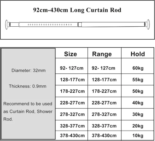 378 cm - 430 cm Feszítő Függönyrúd, Fúrás Nélküli, Állítható, Rozsdamentes Acél, Szobákhoz és Fürdőszobákhoz, SuoAirNuo
