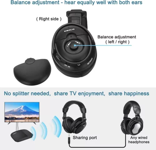 SIMOLIO SM-825D Pro Vezeték Nélküli TV Fejhallgató Időseknek és Hallássérülteknek, 2.4GHz, 30m Hatótáv