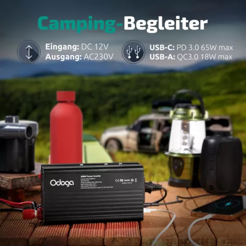 Odoga 500 W Autós Inverter 12 V-ról 230 V-ra USB-A és USB-C Portokkal