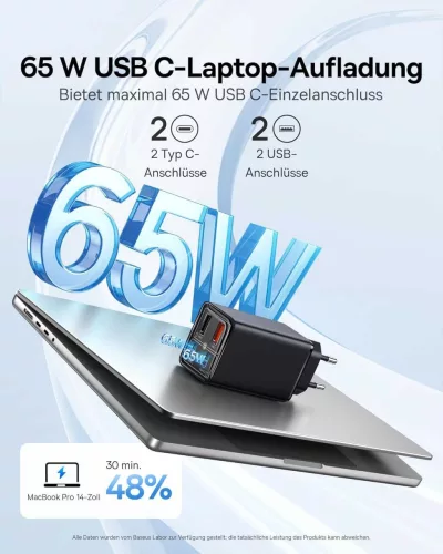 Baseus GaN6 USB C Hálózati Töltő, FC BAYERN, 65 W, 2x USB C, 2x USB A, PD 3.0, QC 4.0+, PPS, SCP, AFC, 5 V 2.4 A, Több Eszköz Töltés, Fekete