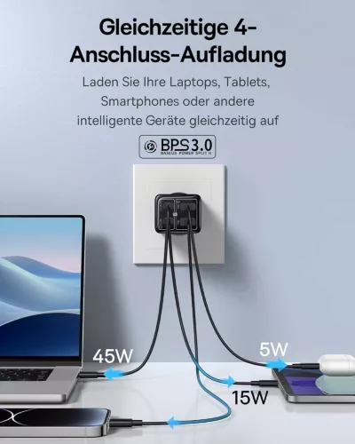 Baseus GaN6 USB C Hálózati Töltő, FC BAYERN, 65 W, 2x USB C, 2x USB A, PD 3.0, QC 4.0+, PPS, SCP, AFC, 5 V 2.4 A, Több Eszköz Töltés, Fekete