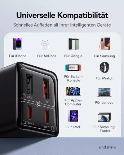 Baseus GaN6 USB C Hálózati Töltő, FC BAYERN, 65 W, 2x USB C, 2x USB A, PD 3.0, QC 4.0+, PPS, SCP, AFC, 5 V 2.4 A, Több Eszköz Töltés, Fekete