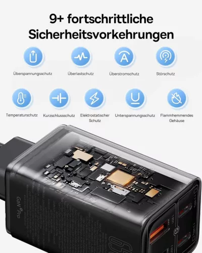Baseus GaN6 USB C Hálózati Töltő, FC BAYERN, 65 W, 2x USB C, 2x USB A, PD 3.0, QC 4.0+, PPS, SCP, AFC, 5 V 2.4 A, Több Eszköz Töltés, Fekete