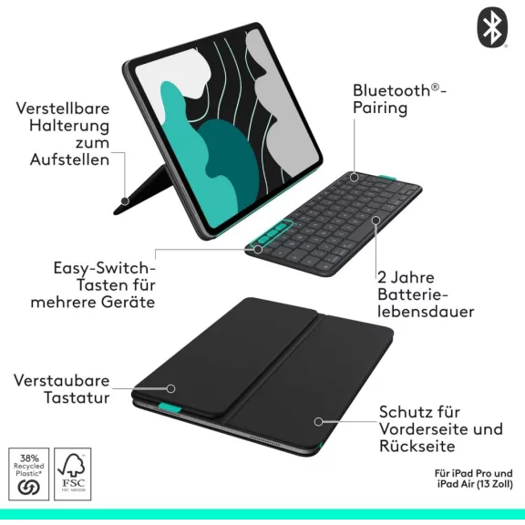 Logitech Flip Folio Billentyűzetes Tok 13 Hüvelykes iPad Pro M4 M5 És iPad Air M2000 L, Bluetooth, Német QWERTZ, Levehető Billentyűzet, Grafitszürke Logitech Flip Folio Billentyűzetes Tok 13 Hüvelykes iPad Pro M4 M5 És iPad Air M2000 L, Bluetooth, Német QWERTZ, Levehető Billentyűzet, Grafitszürke
