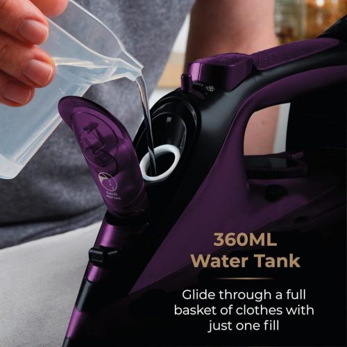 Tower T22008 CeraGlide Gőzölő, Vezeték Nélküli Használat, 2400 W, Lila, 360 ml Víz Tartály