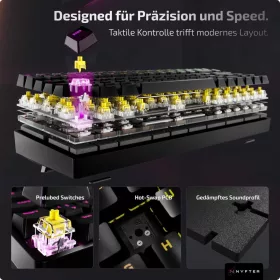   Nyfter NYFBOARD GEN2 Mechanikus Billentyűzet, 60 Százalékos, 65 Gomb, Gateron Yellow Switch, Hot Swappable, USB, RGB Háttérvilágítás, QWERTZ, Fekete, Fém Ház