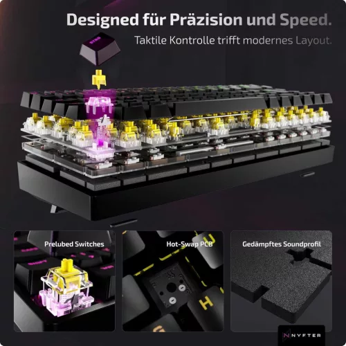 Nyfter NYFBOARD GEN2 Mechanikus Billentyűzet, 60 Százalékos, 65 Gomb, Gateron Yellow Switch, Hot Swappable, USB, RGB Háttérvilágítás, QWERTZ, Fekete, Fém Ház