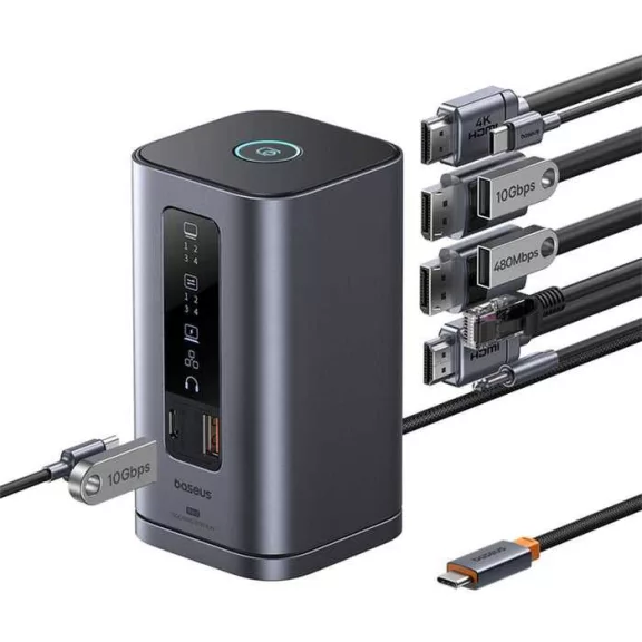 Baseus Spacemate 11-in-1 Dokkoló (Windows), 2× HDMI, 2× DisplayPort, USB-C, 2× USB-A 10Gbps, USB-A 2.0, Gigabit Ethernet, 3,5mm Jack, PD 100W