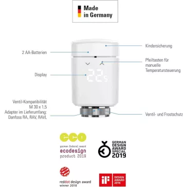   Eve Thermo (20EBP1701) Okos Radiátortermosztát, Apple HomeKit Vezérlés, Thread Hálózat, Bluetooth, Siri Támogatás, Helyiségenkénti Fűtés, 2x AA Cserélhető Elem, Fehér