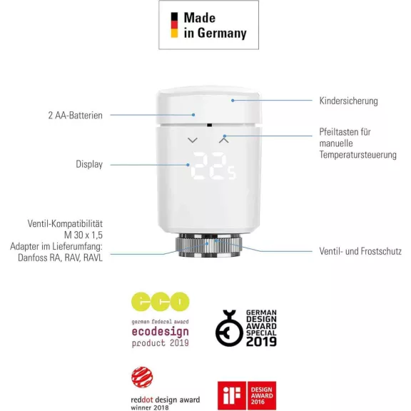 Eve Thermo (20EBP1701) Okos Radiátortermosztát, Apple HomeKit Vezérlés, Thread Hálózat, Bluetooth, Siri Támogatás, Helyiségenkénti Fűtés, 2x AA Cserélhető Elem, Fehér