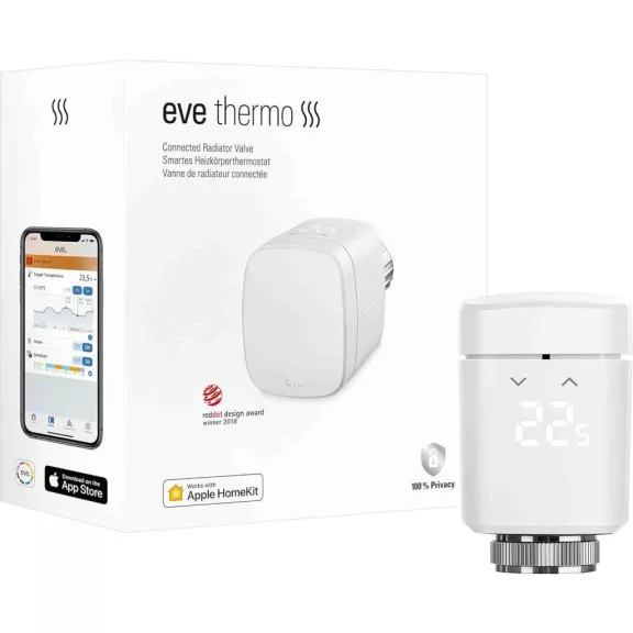 Eve Thermo (20EBP1701) Okos Radiátortermosztát, Apple HomeKit Vezérlés, Thread Hálózat, Bluetooth, Siri Támogatás, Helyiségenkénti Fűtés, 2x AA Cserélhető Elem, Fehér