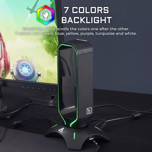 THE G-LAB K-Stand Radon Fejhallgató Állvány, Gaming, RGB Háttérvilágítás, 7 Szín, USB 2.0 Hub 2×, Csúszásgátló Talp, PC, PS4, Xbox, Fekete