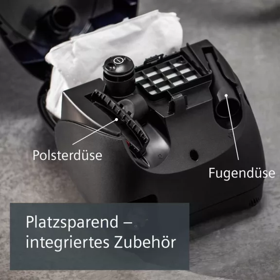 Siemens VS06B1110 Synchropower Porzsákos Porszívó, 600 W, HighPower Motor, PowerSecure Rendszer, 4 L Portartály, Mikrofilter, Mosható Szűrő, 80 dB, 9 m Hatótáv, Fém Teleszkópos Cső, Moonlight Blue