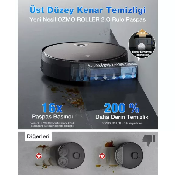 ECOVACS X11 OMNICYCLONE Robotporszívó Felmosó Funkcióval, 19500 Pa Szívóerő, 100 W Motor, PowerBoost, OZMO Roller 2.0, AI Stain Detection 2.0, Fekete Barna