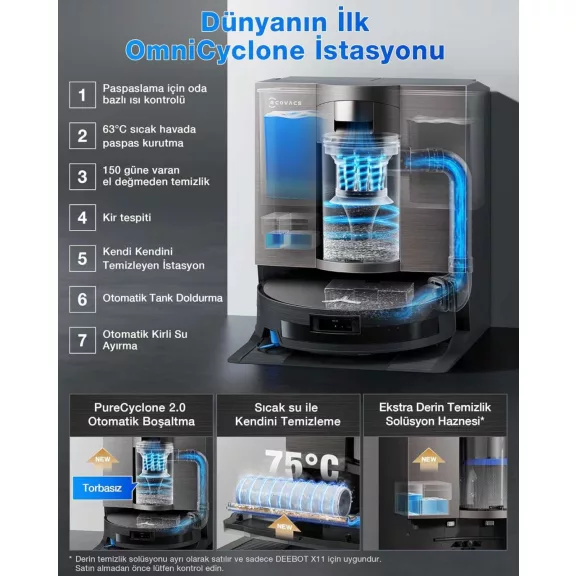 ECOVACS X11 OMNICYCLONE Robotporszívó Felmosó Funkcióval, 19500 Pa Szívóerő, 100 W Motor, PowerBoost, OZMO Roller 2.0, AI Stain Detection 2.0, Fekete Barna