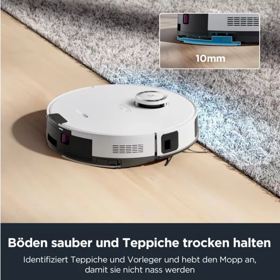 EUREKA E10s DE Robotporszívó És Felmosó, 4000Pa Szívóerő, 180 Perc Üzemidő, LiDAR Navigáció, Intelligent Mop Lifting, No-Go Zone, Fehér