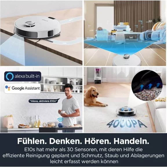 EUREKA E10s DE Robotporszívó És Felmosó, 4000Pa Szívóerő, 180 Perc Üzemidő, LiDAR Navigáció, Intelligent Mop Lifting, No-Go Zone, Fehér