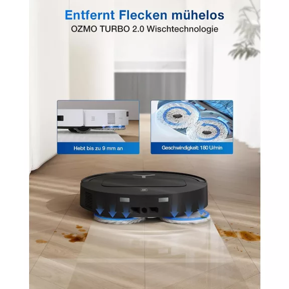 ECOVACS T50 OMNI Robotporszívó és Felmosó, 15 000 Pa, 200 min, Alkalmazás- és Hangvezérlés, TruEdge 2.0, Felmosóemelés, HEPA, Fekete