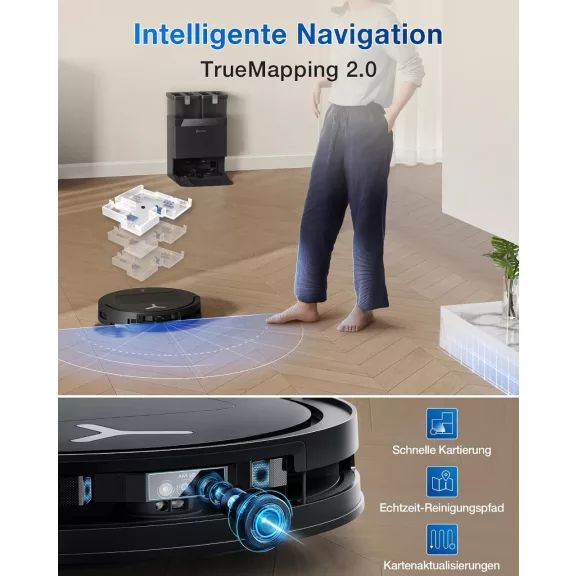 ECOVACS T50 OMNI Robotporszívó és Felmosó, 15 000 Pa, 200 min, Alkalmazás- és Hangvezérlés, TruEdge 2.0, Felmosóemelés, HEPA, Fekete