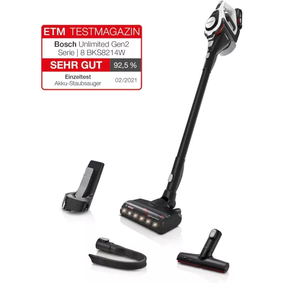 Bosch Unlimited Gen2 Series 8 BKS8214W Vezeték Nélküli Porszívó, 18 V Li-Ion Akkumulátor, 3 Teljesítményszint, 45 Min Üzemidő, Porzsák Nélküli, Fehér
