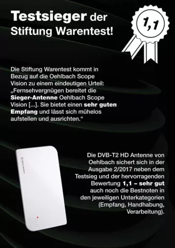 Oehlbach Scope Vision Beltéri TV Antenna, DVB-T2 HD, Digitális, Aktív Erősítő, Full HD, 50 Csatorna, 75 Ω, USB Táplálás, Fehér