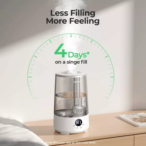 Homvana H101 Párásító Otthonra, 3,6 L, Hideg Pára, Állítható Páratartalom, Aroma Diffuser, 23 dB, Éjszakai Fény, 240 V, Szürke