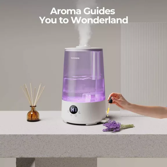 Homvana H101 Párásító Otthonra, 3,6 L, Hideg Pára, Állítható Páratartalom, Aroma Diffuser, 23 dB, Éjszakai Fény, 240 V, Szürke