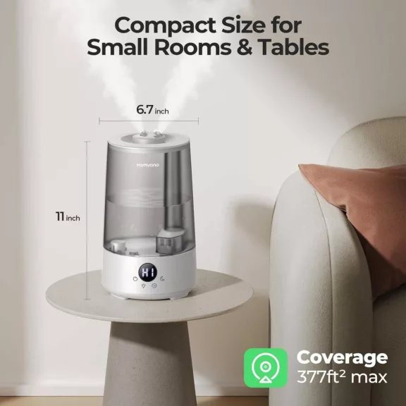 Homvana H101 Párásító Otthonra, 3,6 L, Hideg Pára, Állítható Páratartalom, Aroma Diffuser, 23 dB, Éjszakai Fény, 240 V, Szürke