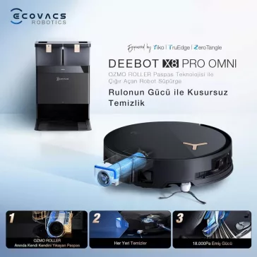   ECOVACS Deebot X8 Pro Omni Robotporszívó És Felmosó, 18000 Pa, Ozmo Roller Mop, Öntisztító Hengerkefe, Edge Cleaning, Hepa Szűrő, Fekete