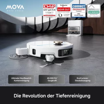   MOVA V70 Ultra Complete X Robotporszívó és Felmosó, 40 000 Pa, Porzsák Nélküli, 16cm felmosó, 6 400 mAh, 48 dB, 16 cm Felmosó, 12 cm Oldalkefe, 9 cm Akadály, Fehér