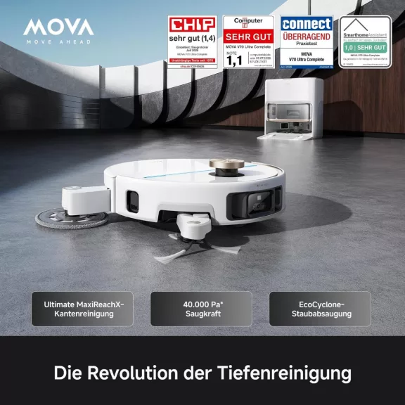 MOVA V70 Ultra Complete X Robotporszívó és Felmosó, 40 000 Pa, Porzsák Nélküli, 16cm felmosó, 6 400 mAh, 48 dB, 16 cm Felmosó, 12 cm Oldalkefe, 9 cm Akadály, Fehér