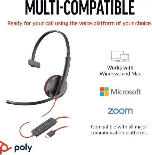 Poly Blackwire 3210 USB-C Vezetékes Headset, PC És Mac Kompatibilis, Dinamikus Meghajtó, 20 Hz-20 kHz, Zajszűrő Mikrofon, Fekete