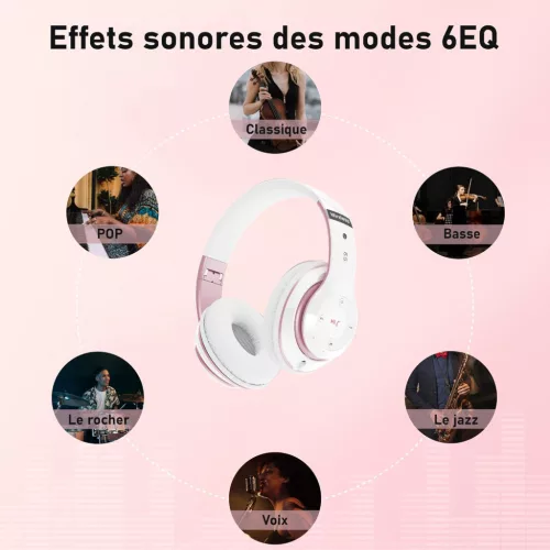 Lankey Sound 6S Vezeték Nélküli Bluetooth Fejhallgató, Over Ear, Bluetooth 5.3, 65H Üzemidő, 6 EQ Mód, Beépített Mikrofon, SD/TF, Vezeték Nélküli, Rózsaarany