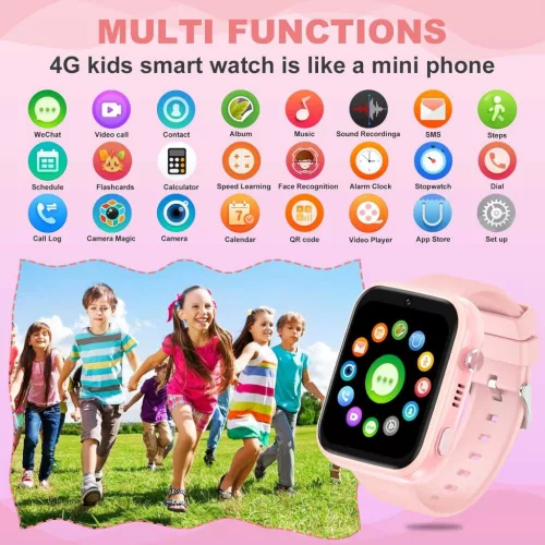 OKYUK T45 Gyerek Okosóra, 4G, Android Wear, iOS, 8 GB, Beépített GPS, WiFi, LBS, 2 Mp HD Kamera, SOS Gomb, Pedométer, Alváskövetés, Zseblámpa, Rózsaszín