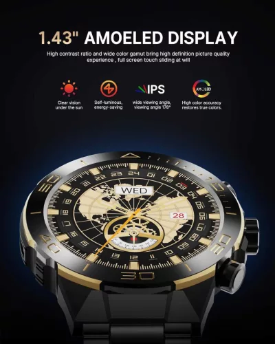 SOUYIE SW-7 Férfi Okosóra, AMOLED Kijelző 466x466, Bluetooth Hívás, Mikrofon, Hangszóró, Pulzusmérő, Vérnyomásmérő, Vér-oxigén, Alváskövetés, 100 Sportmód, IPX Vízálló, 400 mAh Akkumulátor, Acél Szíj, Szilikon Szíj, Fekete