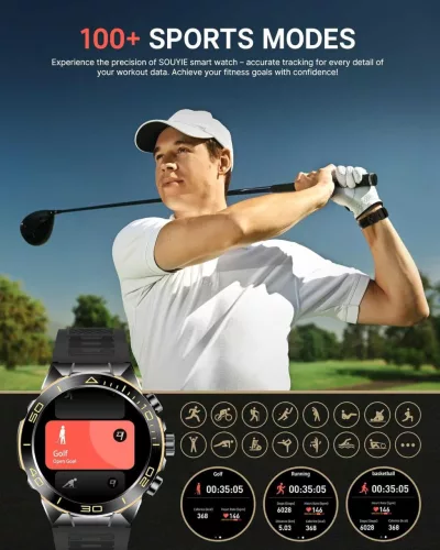 SOUYIE SW-7 Férfi Okosóra, AMOLED Kijelző 466x466, Bluetooth Hívás, Mikrofon, Hangszóró, Pulzusmérő, Vérnyomásmérő, Vér-oxigén, Alváskövetés, 100 Sportmód, IPX Vízálló, 400 mAh Akkumulátor, Acél Szíj, Szilikon Szíj, Fekete