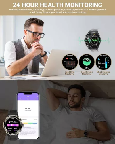 SOUYIE SW-7 Férfi Okosóra, AMOLED Kijelző 466x466, Bluetooth Hívás, Mikrofon, Hangszóró, Pulzusmérő, Vérnyomásmérő, Vér-oxigén, Alváskövetés, 100 Sportmód, IPX Vízálló, 400 mAh Akkumulátor, Acél Szíj, Szilikon Szíj, Fekete