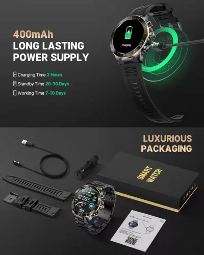 SOUYIE SW-7 Férfi Okosóra, AMOLED Kijelző 466x466, Bluetooth Hívás, Mikrofon, Hangszóró, Pulzusmérő, Vérnyomásmérő, Vér-oxigén, Alváskövetés, 100 Sportmód, IPX Vízálló, 400 mAh Akkumulátor, Acél Szíj, Szilikon Szíj, Fekete