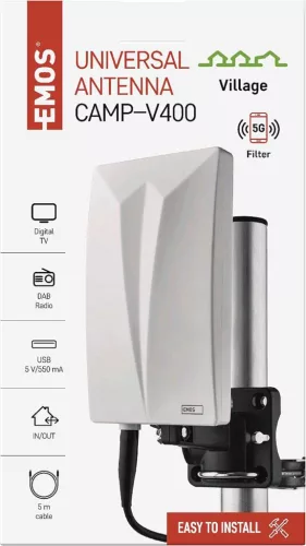 EMOS J0803 Beltéri Kültéri Aktív Antenna, DVB-T2, DVB-T, DAB, FM, 360° Vétel, 0-80 Km Hatótáv, 75 Ω, 20 dBi, LTE 4G 5G Szűrő, Fehér